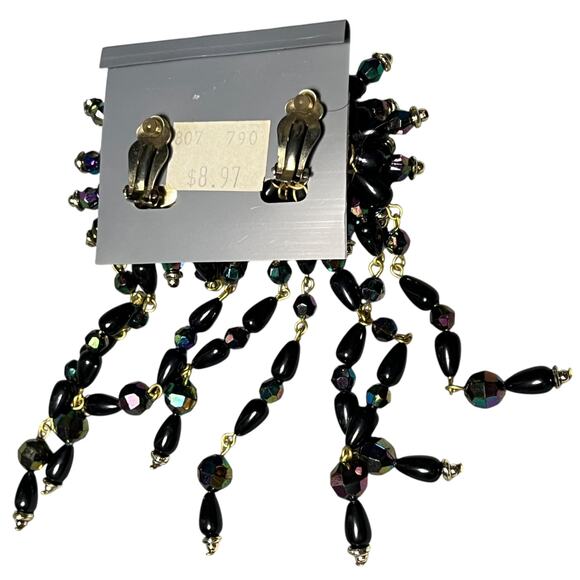 Black Iridescent Chandelier Clip On Earrings Vintage Statement - Picture 3 of 12